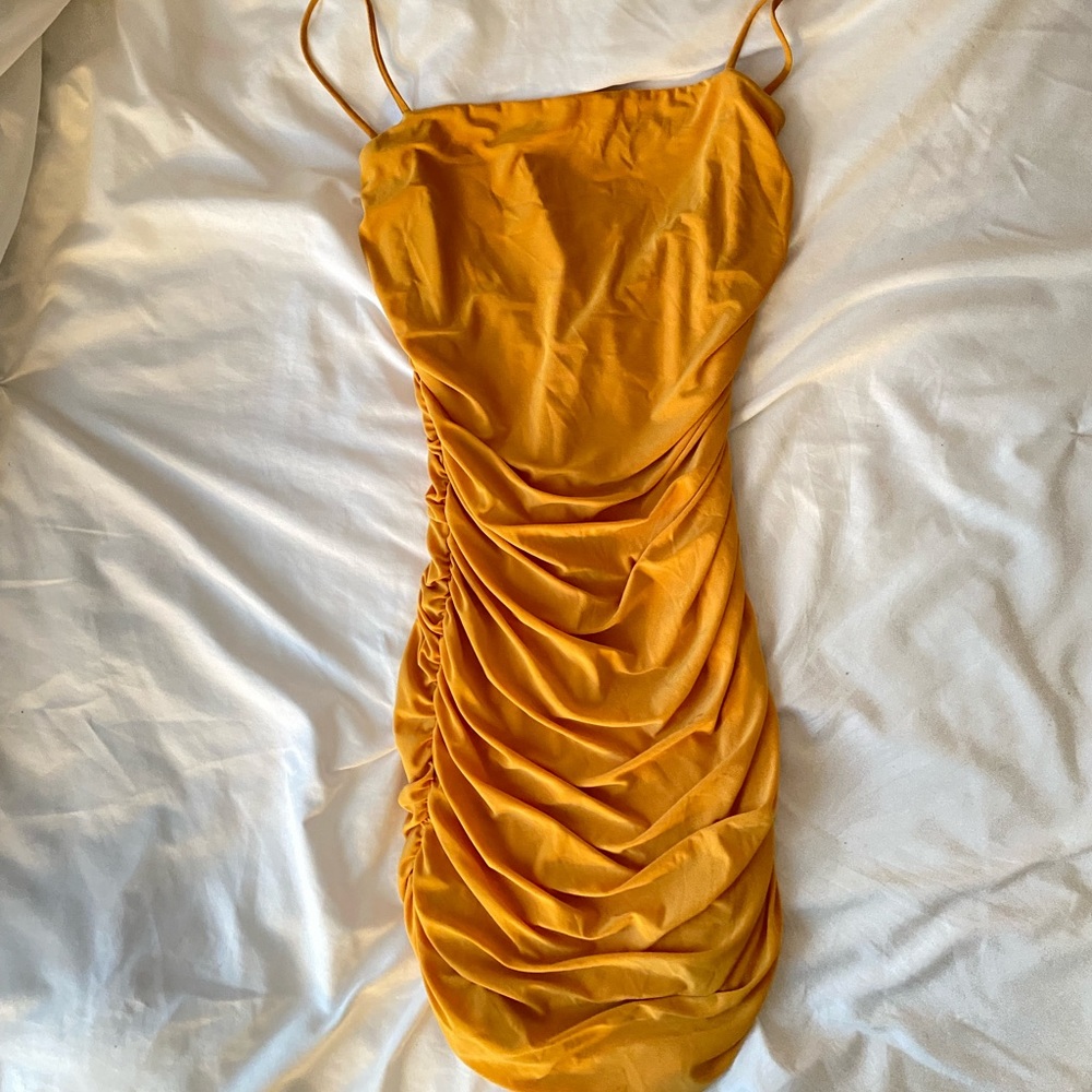 Ruched yellow mini dress!